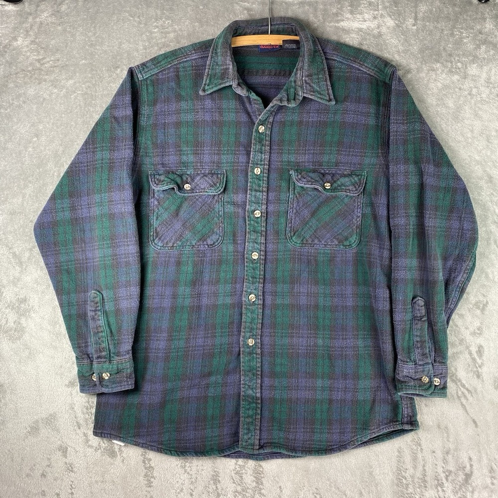 Vtg Dakota Shirt Mens L Blue Green Plaid Heavy Cotton Button Up Flannel Skater
